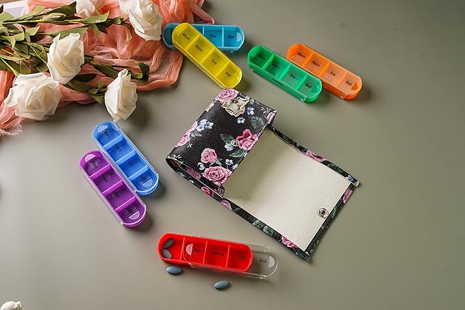 Pill Organizer,LIZIMANDU Weekly Travel Pill Case Box Medication Reminder Daily AM PM, Day Night 7 Compartments,for 4 Times A Day, 7 Days a Week-Includes Leather PU Carrying Case (Black Rose)