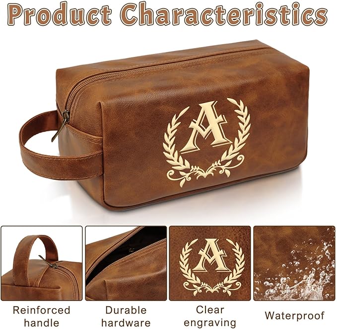 Mens Personalized Toiletry Bag Leather Waterproof Kit, Travel Shaving Bag for Men, Gifts for Christmas(A)