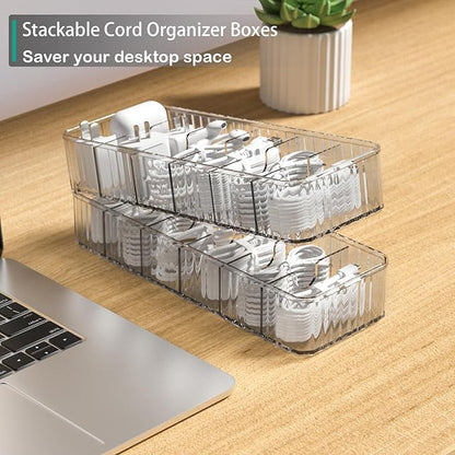 Cable Storage Boxes Organizers 2 Pack,Cord Charger Storage Organizer Box Case with 20pcs Cable Ties,Stackable,Clear