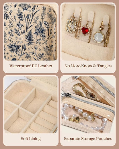 Bistup Travel Jewelry Case - Small Jewelry Organizers and Storage Box for Women Girls Teens Cute Traveling Jewelry Holder with Mirror Little Tiny Compact Modern Unique Aesthetic Pretty, Blue Floral