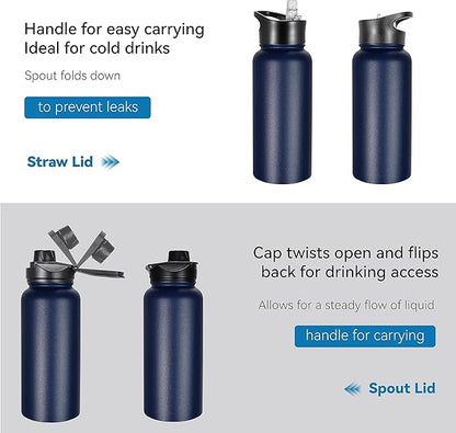 VEGOND 32 oz Insulated Water Bottle Stainless Steel Metal Water Bottles with Leak Proof Straw Lid & Spout Lid, Wide Mouth Double Walled Vacuum Travel Sports Bottle, Navy Blue