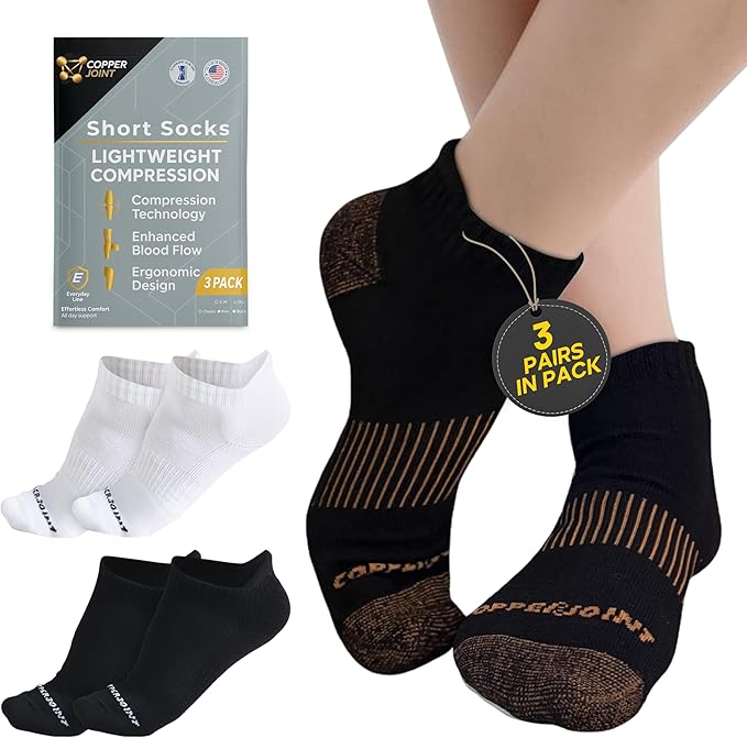 CopperJoint Black Ankle Compression Socks for Women- Breathable Copper Compression Socks Men, Low Cut Sock With Arch Support