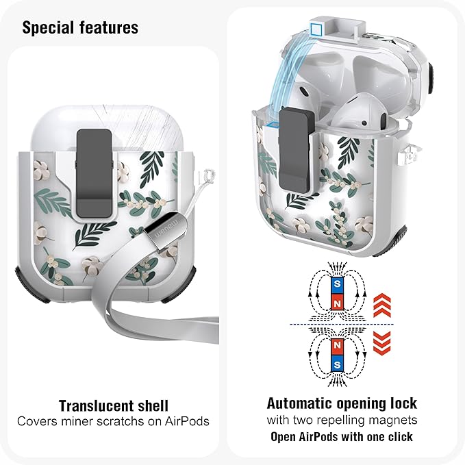 WENEW Case for AirPods 1 & 2Case Cover Secure Lock Automatic Snap Switch Clip Cleaner Kit Lanyard Women Stylish Flower Armour Hard Shell Full Body (Green, AirPods 1st & 2nd)