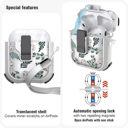 WENEW Case for AirPods 1 & 2Case Cover Secure Lock Automatic Snap Switch Clip Cleaner Kit Lanyard Women Stylish Flower Armour Hard Shell Full Body (Green, AirPods 1st & 2nd)