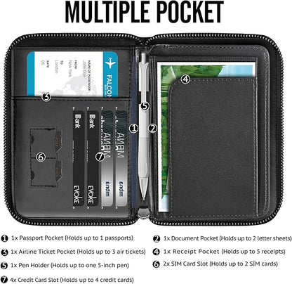 Passport Wallet, Passport Holder for Travel Family, Ultra Large Storage up to 3 Pockets. RFID Passport Cover Case with Zipper Closure
