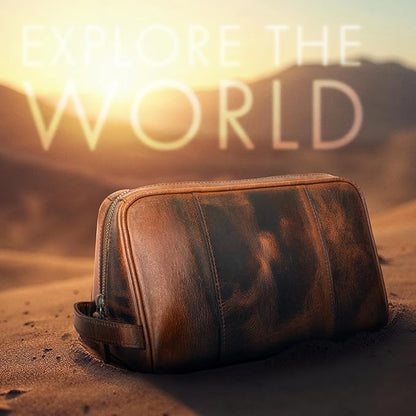 ELIZO Premium REAL Leather Toiletry Bag for Men Dopp Kitt Hanging Mens Toiletry Large TSA Toiletries Bag Shaving Grooming Bag Organizer