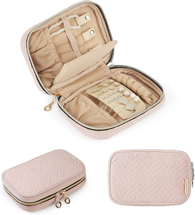 BAGSMART Travel Jewelry Organizer Case Small Jewelry Roll for Journey-Rings, Necklaces, Earrings, Bracelets, Soft Pink