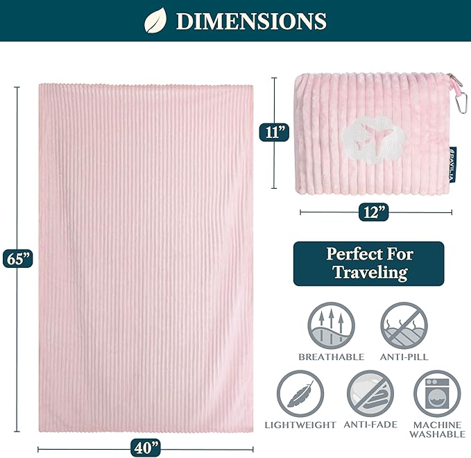PAVILIA Travel Blanket Pillow in Soft Bag with Pockets, Airplane Blanket Set, Plane Blanket Compact Packable, Flight Essentials Car Pillow, Travelers Accessories Gifts, Luggage Strap, Light Pink
