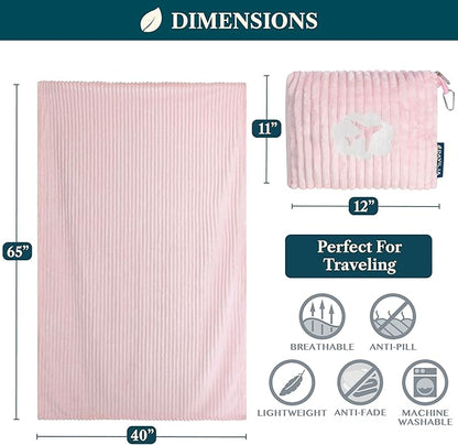 PAVILIA Travel Blanket Pillow in Soft Bag with Pockets, Airplane Blanket Set, Plane Blanket Compact Packable, Flight Essentials Car Pillow, Travelers Accessories Gifts, Luggage Strap, Light Pink