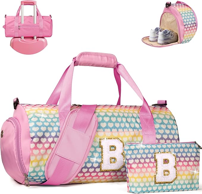 Birthday Gifts for 12 Year Old Girl, Girls Travel Duffel Bag, Kids Initial Overnight Bags with Shoe Compartment, Personalized Weekender Bag with Makeup Pouch, Trendy Stuff (Letter B)