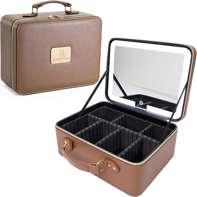 Travle Makeup Bag with LED Mirror, Makeup Train Case with Light Up Mirror, Portable Waterproof Makeup Organizer with Adjustable Dividers, Cosmetic Brush Holder Storage for Women Gift