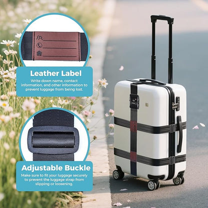 Luggage Straps with TSA Lock, Adjustable Heavy Duty Black Luggage Straps for Suitcase with Reinforced Buckles, Cross Luggage Strap TSA Approved Combination Locks with Name Tags for Travel & Trip
