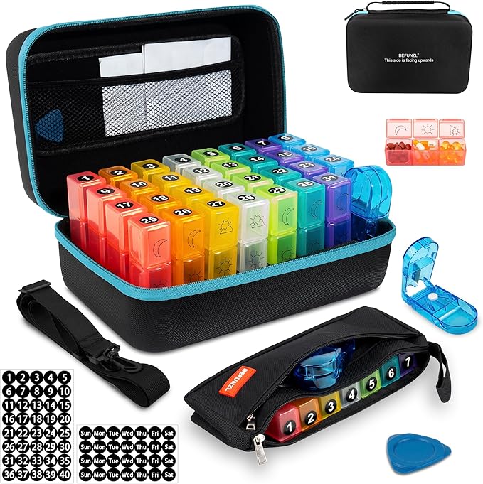 Monthly Pill Organizer 3 Times a Day, Medicine Organizer Box with Portable Hard Shell and Pill Cutter, 31 Day Pill Holder with Weekly Pill Bag(Blue, 3 Times a Day)