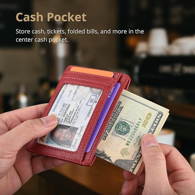 Buffway Slim Minimalist Front Pocket RFID Blocking Leather Wallets for Men and Women - Alaska Cherry
