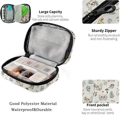 Fustylead Plants Mushrooms Skulls Travel Pill Case Bag with Zipper Weekly Pill Box 8 Compartments 7 Day Personal Pill Case Purse Medicine Case Organizer