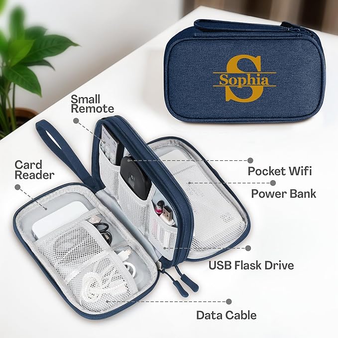 Personalized Electronics Organizer Travel Case Navy – Custom Name Compact Cable Storage Bag for Chargers, Cords, USB Flash Drives, Waterproof Tech Pouch for Travel, Business, Daily Organizer - Navy