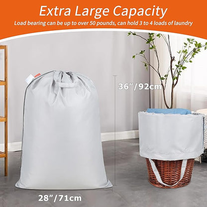 Polecasa Heavy Duty Large Laundry Bag with 130gsm Tear Resistant Fabric and Handles, Easy to Carry Durable Dirty Clothes Drawstring Bag, Perfect for College Dorm, Travel, 2 Pack 28”x36”, Silver
