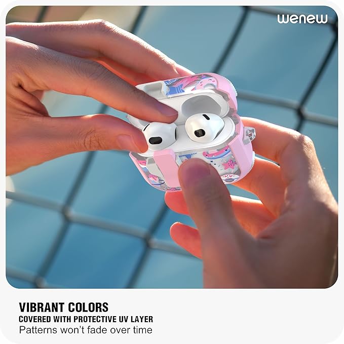 WENEW Case for AirPods 3 Case Cover Secure Lock Automatic Snap Switch Clip Cleaner Kit Lanyard Women Stylish Flower Armour Hard Shell Full Body Front LED Visible (Pink Space, AirPods 3rd)