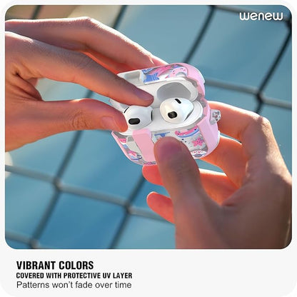 WENEW Case for AirPods 3 Case Cover Secure Lock Automatic Snap Switch Clip Cleaner Kit Lanyard Women Stylish Flower Armour Hard Shell Full Body Front LED Visible (Pink Space, AirPods 3rd)