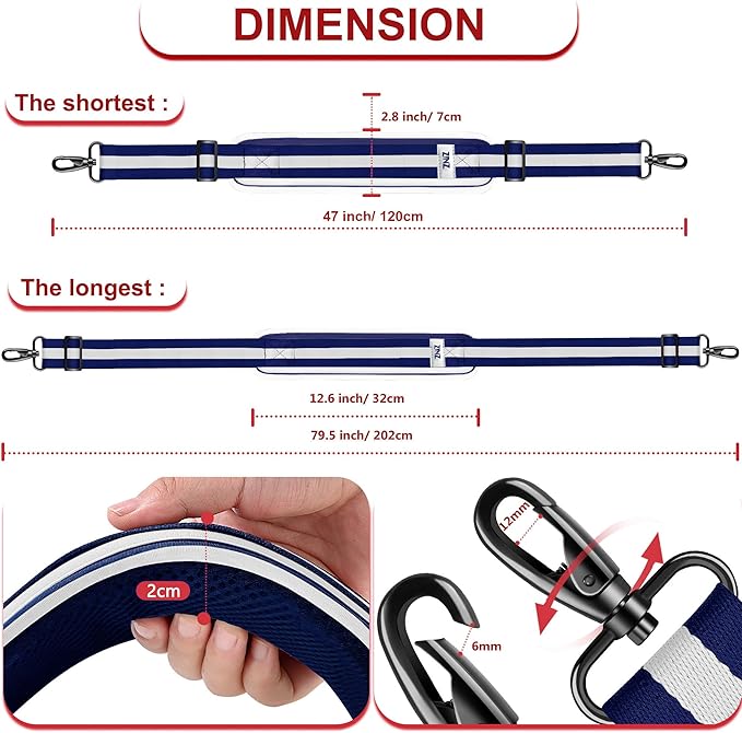 ZINZ 79.5" Universal Strap with Ultra-Thick Fixed Breathable Pad - Adjustable Heavy-Duty Shoulder Strap for Laptop, Crossbody, Luggage, Gym, Camera Bag and More - TW01B06