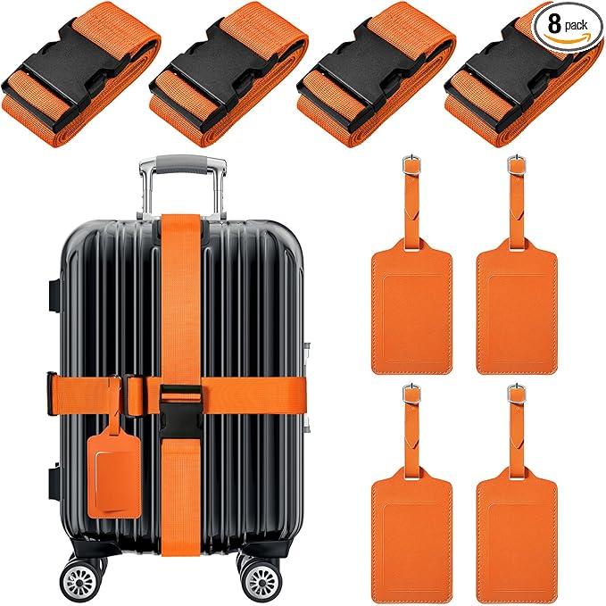 Reginary 8 Pcs Luggage Straps Suitcase Tags Set 4 Travel Adjustable Suitcase Belt 4 PU Leather Luggage Tags Accessories (Orange)