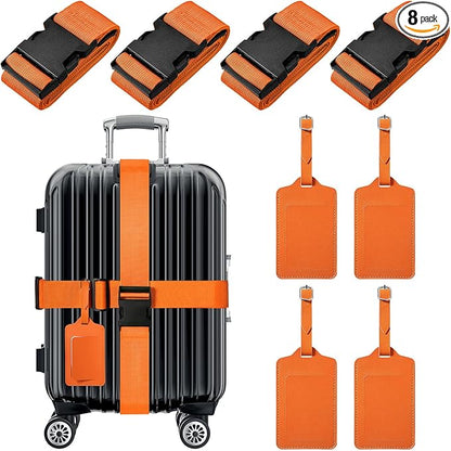 Reginary 8 Pcs Luggage Straps Suitcase Tags Set 4 Travel Adjustable Suitcase Belt 4 PU Leather Luggage Tags Accessories (Orange)