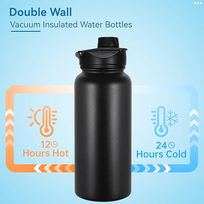 VEGOND 32 oz Insulated Water Bottle Bulk Stainless Steel Metal Water Bottles with Leak Proof Straw Lid & Spout Lid, Wide Mouth Double Walled Vacuum Travel Sports Bottle, Black 4 Pack