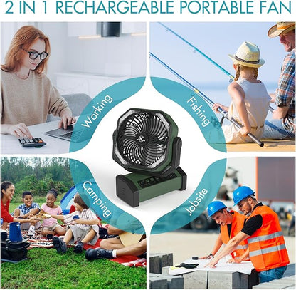 KITWLEMEN Camping Fan with Light - 20000mAh Rechargeable Battery Fan, 60Hrs Max Run Time, 4 Speeds, Timer, Auto Oscillation, 270° Pivot & Hook for Camping, Power Outage, Hurricane