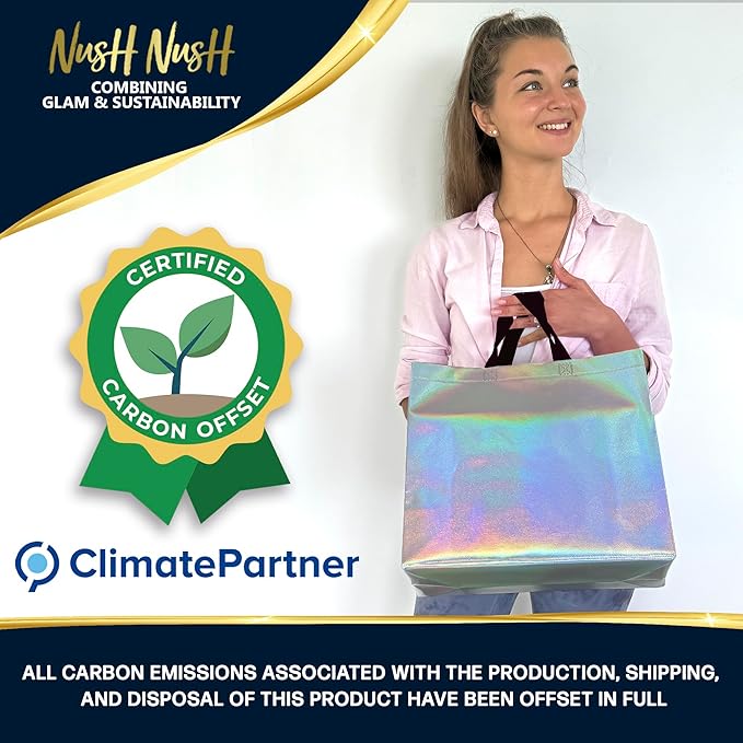 Nush Nush Set of 30 Large Iridescent Gift Bags in Bulk - Big Holographic Reusable Gift Bags With Black Handles - For Small Business, Gifting Events, Christmas, Birthdays - 13Wx5Dx11H Size