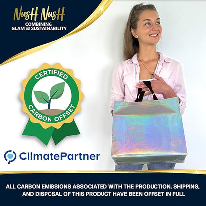 Nush Nush Set of 30 Large Iridescent Gift Bags in Bulk - Big Holographic Reusable Gift Bags With Black Handles - For Small Business, Gifting Events, Christmas, Birthdays - 13Wx5Dx11H Size