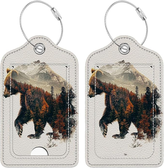 Funny PU Leather Luggage Tags 2-Pack Autumn Forest Bear Cute Pattern Suitable for Suitcase Stainless Steel Loop and Address Card Essential for Cruise and Airport Travel for Men and Women