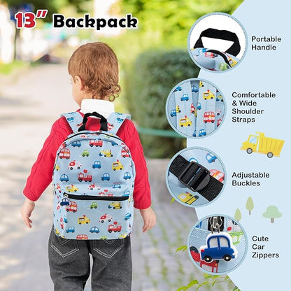 Goplus 5 Piece Kid’s Luggage Set, 16” Carry on Suitcase w/13” Backpack, Neck Pillow, Hardside Spinner Toddler Luggage, Travel Rolling Suitcase for Boys Girls Gifts (Blue, Car)