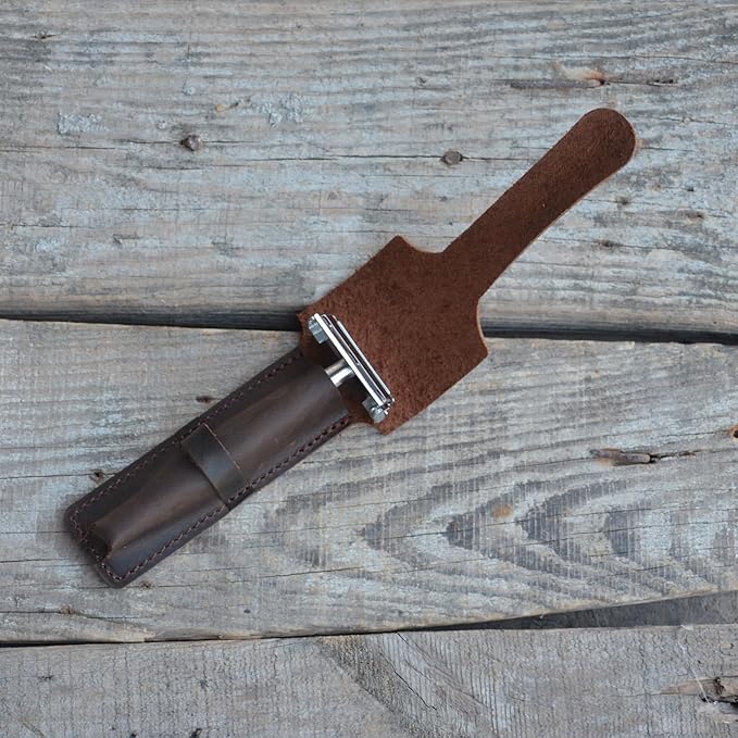 JJNUSA Handmade Sleeve Travel Pouch Leather Safety Razor Case, Double Edge Razor 4.5", Old Fashioned Razor Sleeve Shaving Accessories Men's Shaving Razor (Dark Brown)