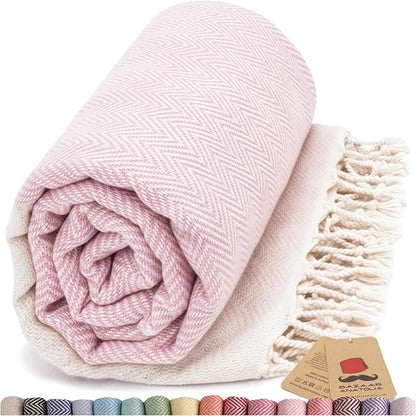 Bazaar Anatolia Turkish Beach Towel 100% Cotton Bath Towels 71x39 Quick Dry Sand Free Lightweight Large Oversized Herringbone Light Pink