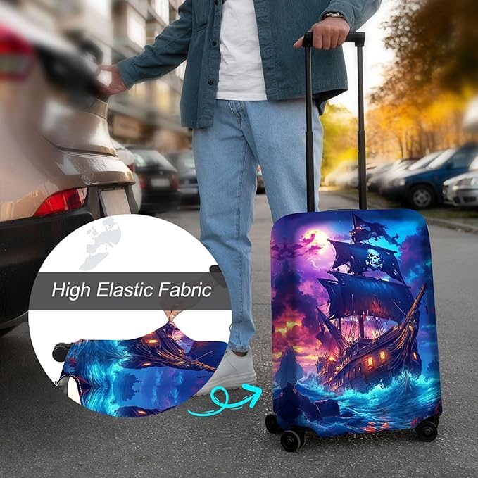 Luggage Cover Protector for 26-28 Inch Suitcases, TSA Approved Elastic Travel Suitcase Covers, Anti-Scratch Washable Luggage Sleeve for Carry On & Checked Bags, Pirate Ship