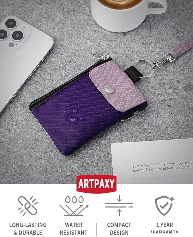 Minimalist Wallet For Mens Womens, Keychain RFID Blocking Zipper Small Wallet with ID Window 2 Lanyards,Water Resistant Travel Cash Card Coin Case Boys Girls