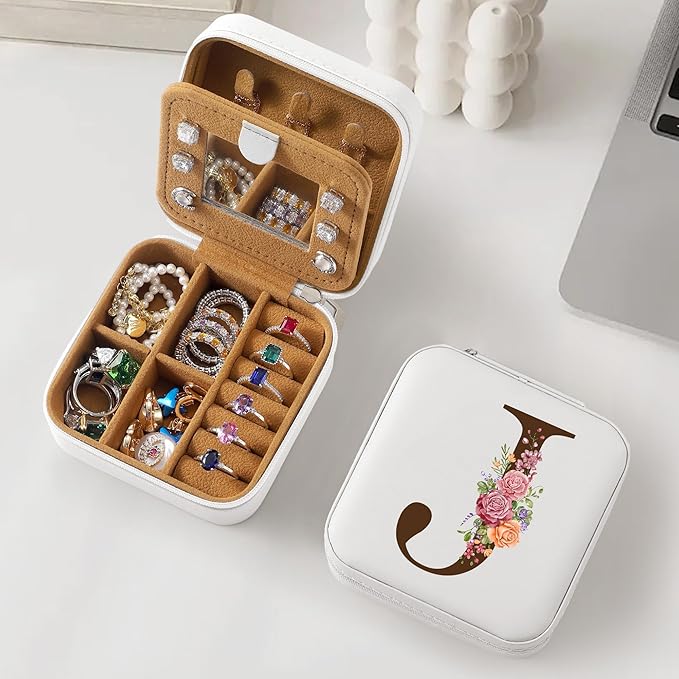 Parima Christmas Stocking Stuffers Gifts for Teenage Girls Women - Personalized Birthday Gifts for Mother, Women Gift Idea, Initial Travel Jewelry Case Box for Her Jewelry Organizer - Letter J, White