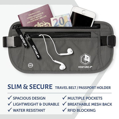 VENTURE 4TH Travel Money Belt - Slim Passport Holder RFID Blocking Travel Pouch to Protect Cash, Credit Cards and Travel Documents (Gray)