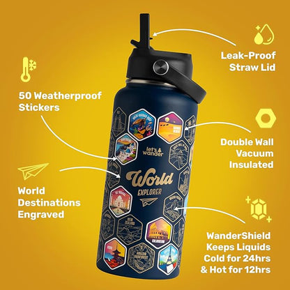 LET'S WANDER World Explorer Adventure Water Bottle with 50 Waterproof Stickers - 32oz Leakproof Insulated Stainless Steel with Straw - Travel Goal Gift Bottle (Blue)