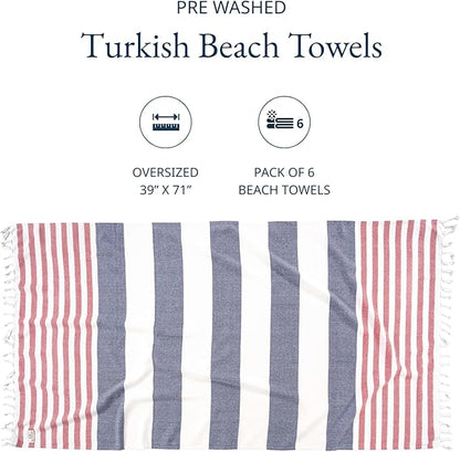 LANE LINEN Turkish Beach Towels Set of 6 – Pre-Washed, Sand-Free, Quick Dry, Lightweight Travel Towels for Women, Soft Bath Beach Towels, 39"x71" – Coastal Bliss