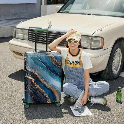 FOREVER QUEEN Luxury Golden Blue Marble Luggage Cover Suitcase Protector Suitcase Cover Anti-Scratch,Stretchable Bag Cover Washable Durable Polyester