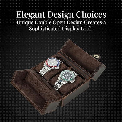 Dual-Opening Leather Watch Box with Detachable Cushions – Stylish Travel Watch Case for 2 Watches - Magnetic Snap Closure, Brown