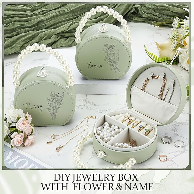 Weysat 8 Pack Travel Jewelry Case Bulk Mini Bridesmaid Jewelry Box Small Earring Storage Organizer for Women Proposal Gifts(Green, Leather)