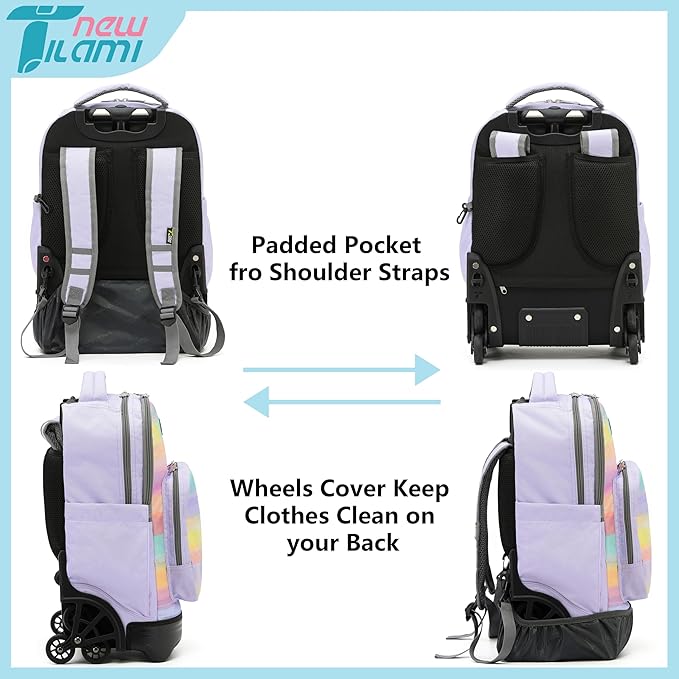 NEW TILAMI 18 Inch Rolling Backpack with Wheels for Girls Boys Kids Laptop Backpack School Travel, Pink Mood Map