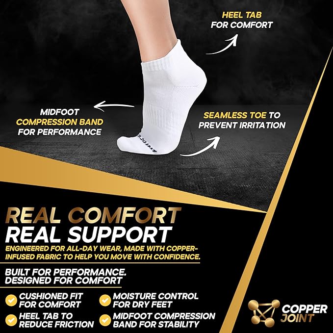 CopperJoint Black Ankle Compression Socks for Women- Breathable Copper Compression Socks Men, Low Cut Sock With Arch Support