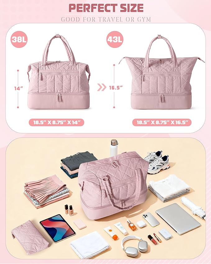 Quilted Duffle Bag with Shoe Compartment and Wet Pocket, Weekender Duffel Bag With Laptop Sleeve and a Separate Pouch for Travel, Gym, Hospital Labor Delivery, Pink