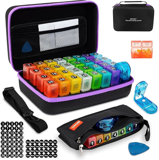 Monthly Pill Organizer, Medicine Organizer Box with Portable Hard Shell and Pill Cutter, 31 Day Pill Holder with Weekly Pill Bag (Purple, 2 Times a Day)