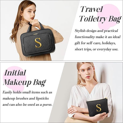 Gifts for Women, Initial Toiletry Makeup Bag Hanging Cosmetic Organizer with Embroidery Letter Personalized Nurse Teacher Appreciation Gift Birthday Christmas Gifts for Mom Sister Wife Friend Auntie