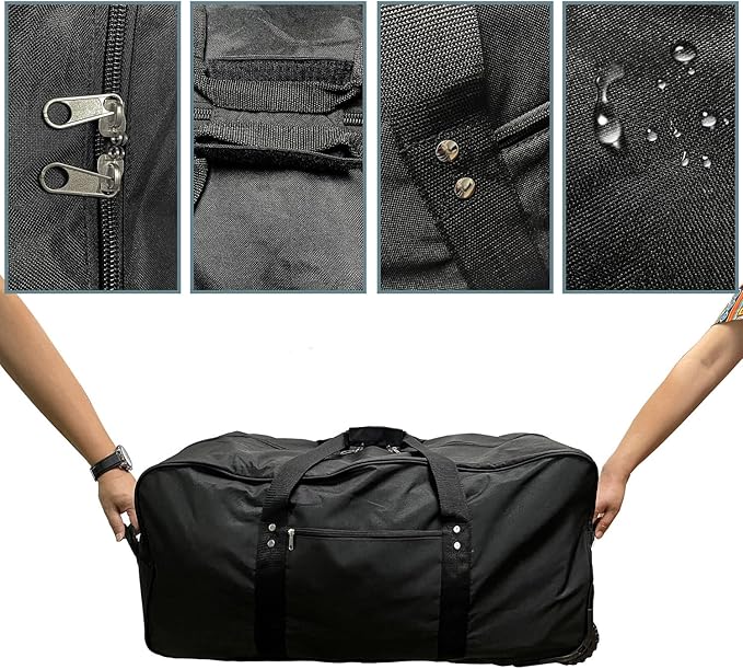 29-Inch Foldable duffle bag with Wheels - Extra Large Rolling Duffel Bag with Wheels, Foldable Heavy-Duty Cargo Duffel for Travel, Camping & Moving, Water-Resistant 600D Oxford, Black