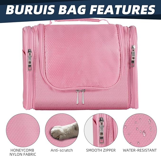Buruis Large Toiletry Bag for Women and Men, Hanging Travel Bag for Makeup, Cosmetics, Shaving, Toiletries, Water-Resistant Dopp Kit for Gym, Camping, or Daily Use, Pink